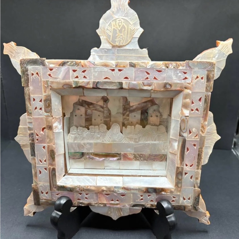Hand-carved mother-of-pearl icon or diorama depicting the Last Supper